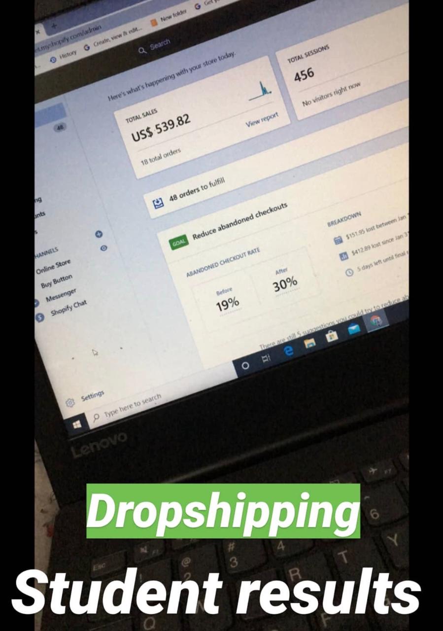 Laptop screen showing 539 US dollars in dropshipping sales