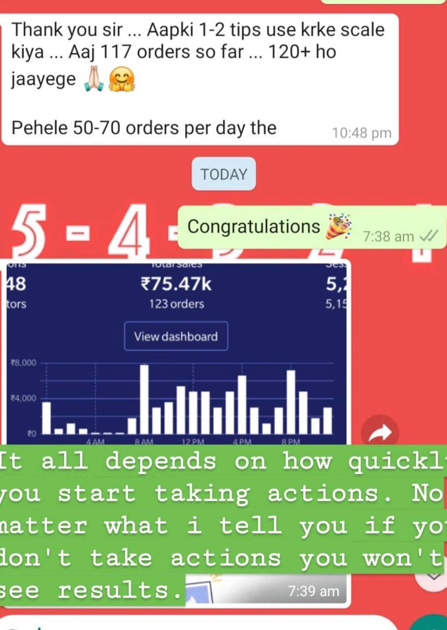 Student WhatsApp message about scaling to 117 orders